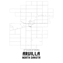 Arvilla North Dakota. US street map with black and white lines.