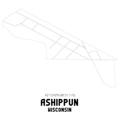 Ashippun Wisconsin. US street map with black and white lines.