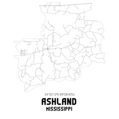 Ashland Mississippi. US street map with black and white lines.