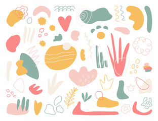 Organic shapes set on white background. Hand draw abstract design elements in pastel color. Kids cute texture. Minimal stylish cover template. Art form for social media stories. Vector illustration
