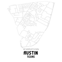 Austin Texas. US street map with black and white lines.