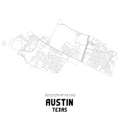 Austin Texas. US street map with black and white lines.