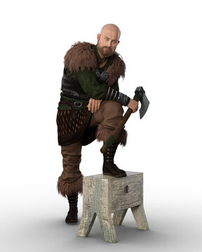 Medieval Viking warrior man standing with one foot resting on a stool and with a bearded axe in his hand. 3D rendering isolated on grey background.