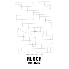 Avoca Michigan. US street map with black and white lines.