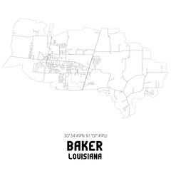 Baker Louisiana. US street map with black and white lines.