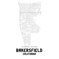 Bakersfield California. US street map with black and white lines.