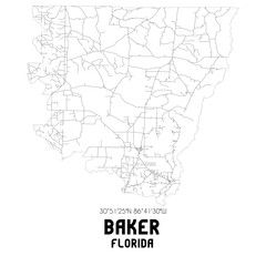 Baker Florida. US street map with black and white lines.