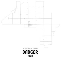 Badger Iowa. US street map with black and white lines.