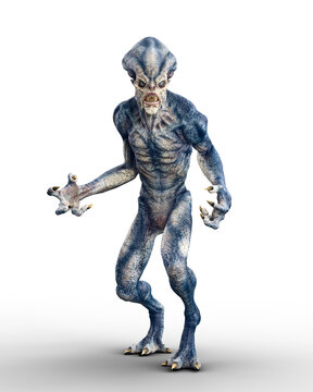 Blue grey skinned alien monster with sharp teeth standing in menacing pose. 3D illustration isolated on transparent background.
