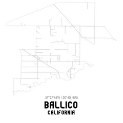 Ballico California. US street map with black and white lines.