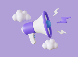 3d megaphone or loudspeaker with lightning and clouds around in cartoon style. concept of social media promotion or breaking news. realistic illustration isolated on purple background. 3d rendering