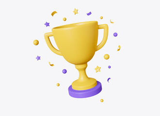 3d golden trophy cup and stars, confetti around in cartoon style. concept of victories or reward for achieving goals. realistic illustration isolated on white background. 3d rendering