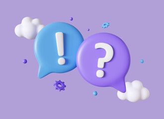 3d bubble chat icon, exclamation and question mark in cartoon style. concept of FAQ or online help chat. customer support. illustration isolated on purple background. 3d rendering