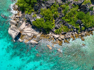 Drone view
Anse Source d'Argent, La Digue Seychelles,  tropical beach during a luxury vacation in Seychelles. Tropical beach Anse Source d'Argent,  The most beautiful beaches in the world 
