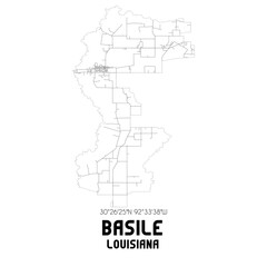 Basile Louisiana. US street map with black and white lines.