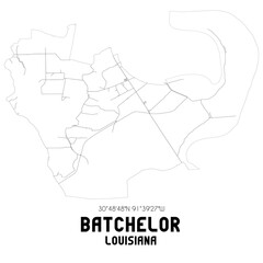 Batchelor Louisiana. US street map with black and white lines.
