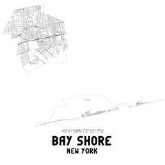 Bay Shore New York. US street map with black and white lines.