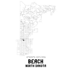Beach North Dakota. US street map with black and white lines.