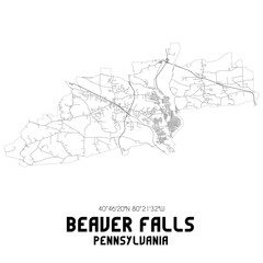 Beaver Falls Pennsylvania. US street map with black and white lines.