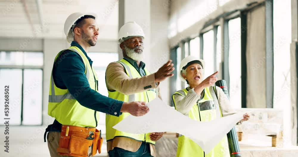 Poster architect, team and construction site blueprint with construction workers planning and sharing goal,