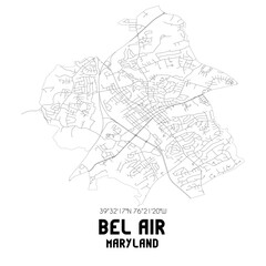 Fototapeta na wymiar Bel Air Maryland. US street map with black and white lines.