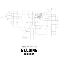 Belding Michigan. US street map with black and white lines.