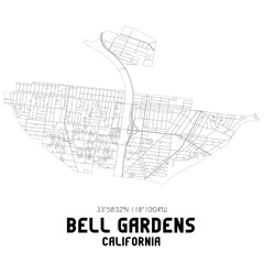 Bell Gardens California. US street map with black and white lines.