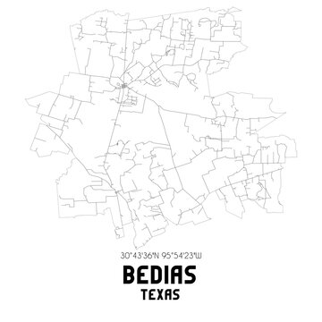 Bedias Texas. US street map with black and white lines.