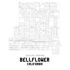 Bellflower California. US street map with black and white lines.