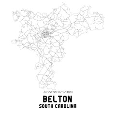 Belton South Carolina. US street map with black and white lines.