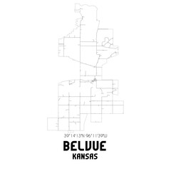 Belvue Kansas. US street map with black and white lines.