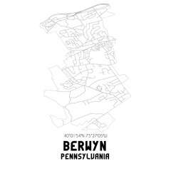 Berwyn Pennsylvania. US street map with black and white lines.
