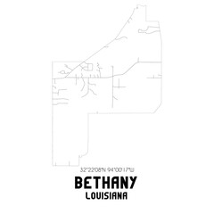 Bethany Louisiana. US street map with black and white lines.