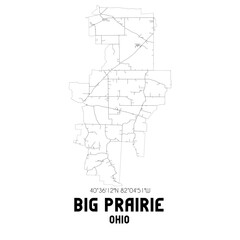Big Prairie Ohio. US street map with black and white lines.