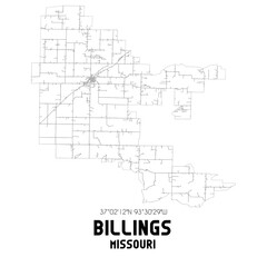 Billings Missouri. US street map with black and white lines.