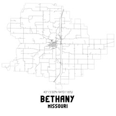 Bethany Missouri. US street map with black and white lines.
