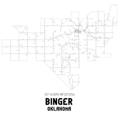 Binger Oklahoma. US street map with black and white lines.