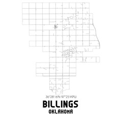 Billings Oklahoma. US street map with black and white lines.