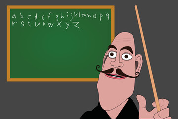 Bald male teacher with a Dali's moustache teaching children the English alphabet