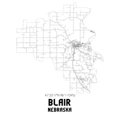 Blair Nebraska. US street map with black and white lines.