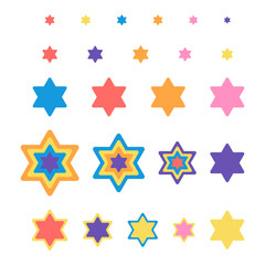 Obraz premium star of David set 24 bright elements in different colors and size. Vector illustration in flat style. Every object isolated on white background
