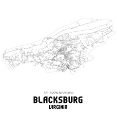 Blacksburg Virginia. US street map with black and white lines.