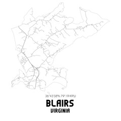 Blairs Virginia. US street map with black and white lines.