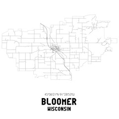 Bloomer Wisconsin. US street map with black and white lines.