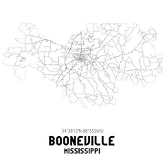 Booneville Mississippi. US street map with black and white lines.