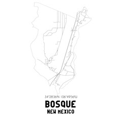 Bosque New Mexico. US street map with black and white lines.
