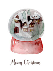 Watercolor Christmas snow globe snow ball. Hand painted New Year decor isolated on white background - 539269971