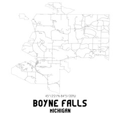 Boyne Falls Michigan. US street map with black and white lines.