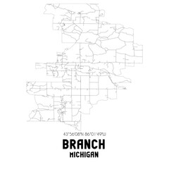 Branch Michigan. US street map with black and white lines.