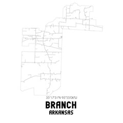 Branch Arkansas. US street map with black and white lines.